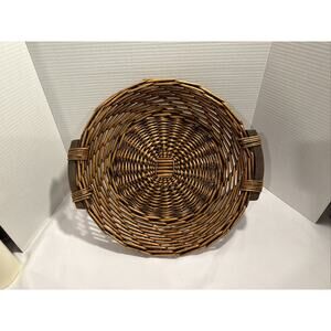 Large Wicker Basket Round w. Wood Handles, 16.5” diameter, 3.25" height, Farmh